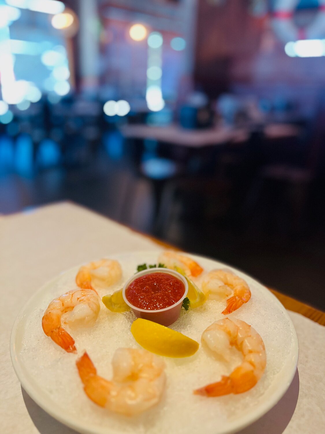 A fresh and beautully presented shrimp cocktail at Crab Du Jour