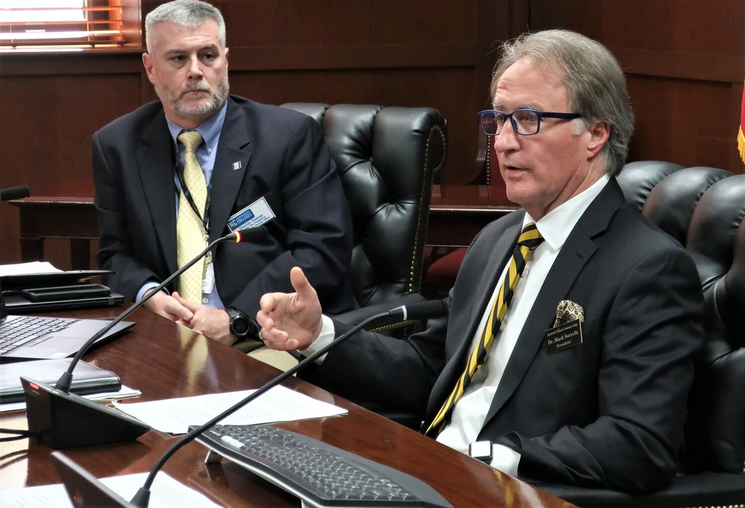 Fayetteville Technical Community College President Mark Sorrells speaks about the work of the Carolina Cyber Network at a meeting of the State Board of Community Colleges