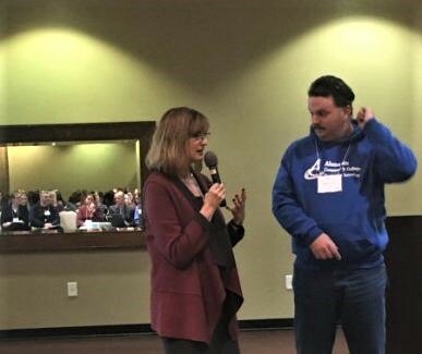 In this 2019 photo, Linda Kendall Fields of the UNC-Chapel Hill Jordan Institute of Families, and Sean Brady, a student and employee at Alamance Community College at the time, talk over issues of guardianship at a Rethinking Guardianship summit.