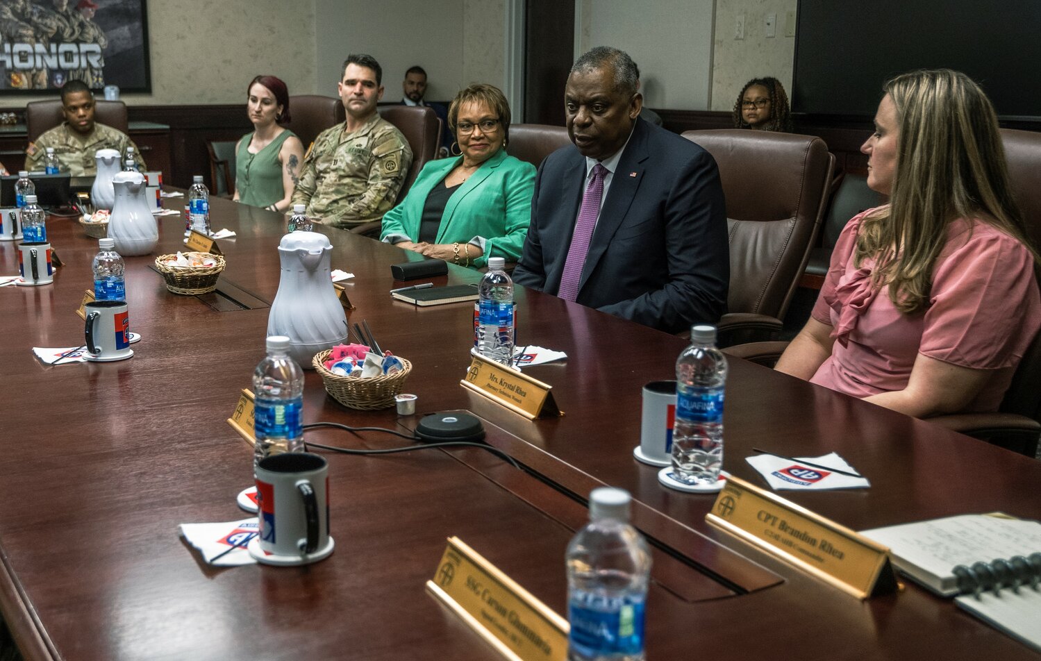 Secretary of Defense Lloyd J. Austin III and his wife, Charlene, visit with families at  Fort Bragg on Friday.