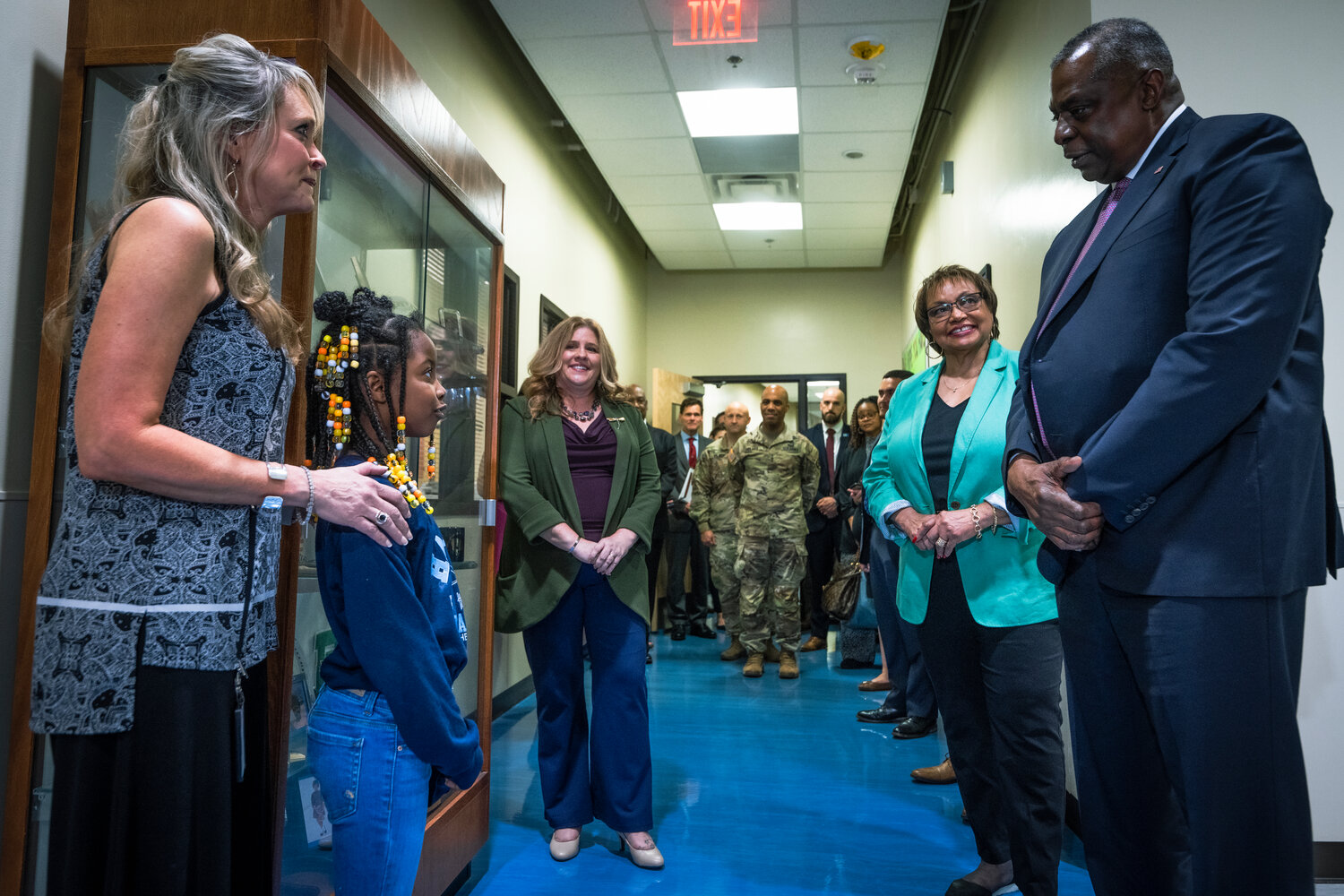 Secretary of Defense Lloyd J. Austin III and his wife, Charlene, visit with teachers and students at Hampton Primary School on Fort Bragg on Friday.