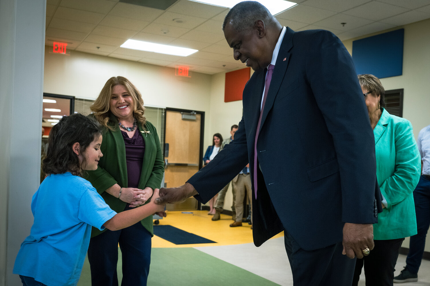 Secretary of Defense Lloyd J. Austin III  visits with teachers and students at Hampton Primary School on Fort Bragg on Friday.