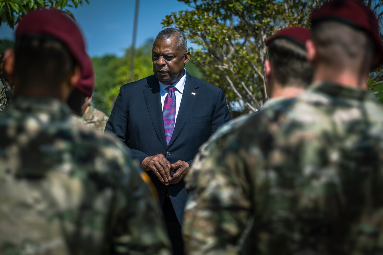 Secretary of Defense Lloyd J. Austin III speaks with soldiers of the 3rd Brigade Combat Team on Friday at Fort Bragg.