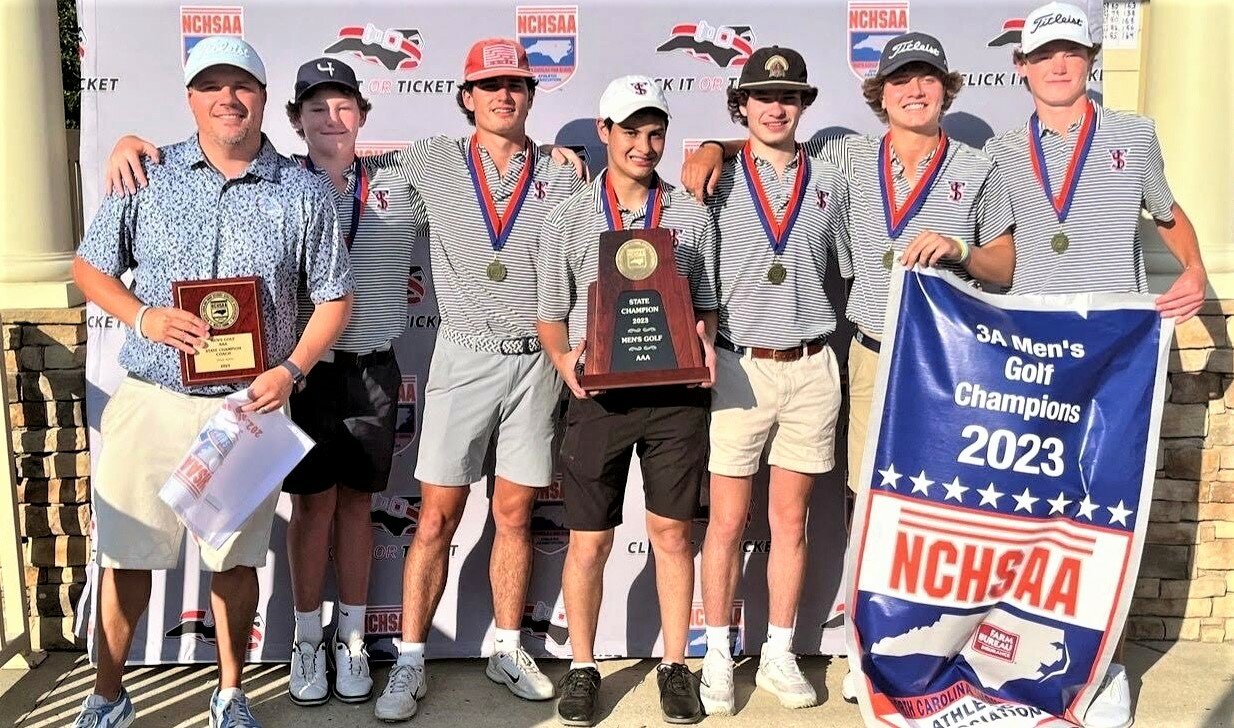 The Terry Sanford boys golf team scored a whopping 31-stroke win over second-place Stuart Cramer for the state championship. From left are head coach Jeff Morehead, Charlie Horne, Parks Helms, Alex Schenk, Hugh Cameron, individual state champion Ethan Paschal, Thomas Horne.