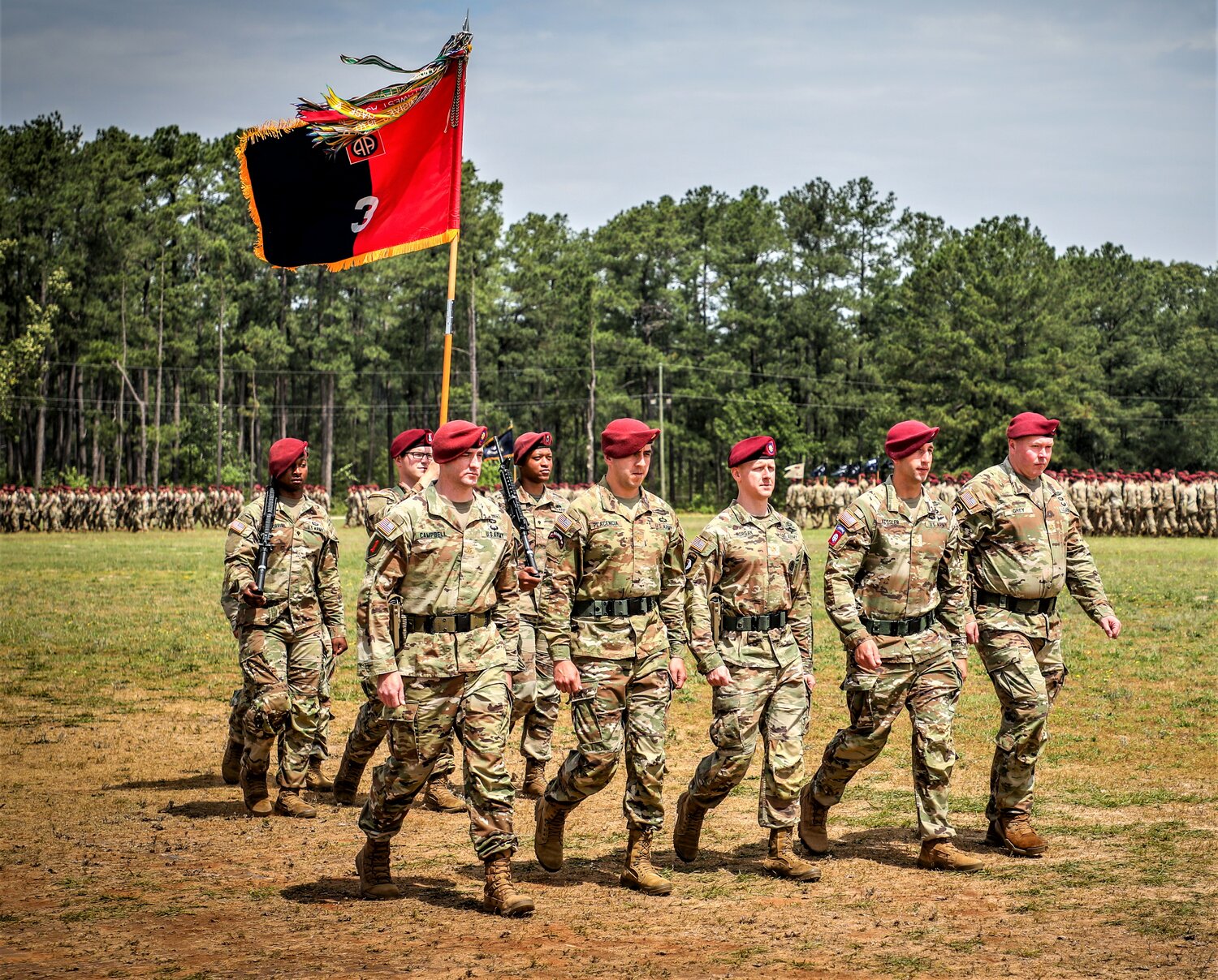 Paratroopers of the 82nd Airborne Division march in a pass in review ceremony on Thursday on Fort Bragg to conclude All American Week.
