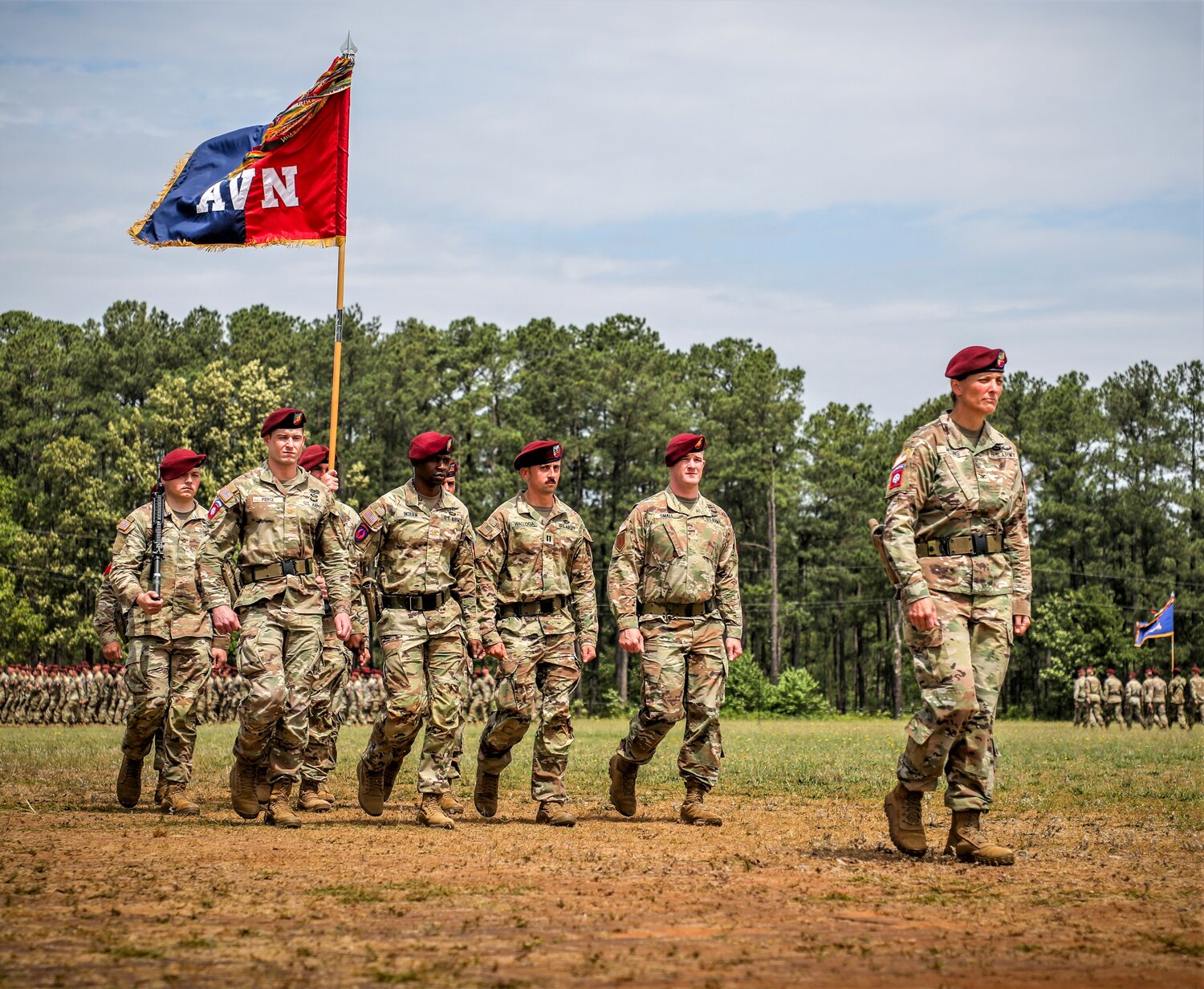 Soldiers take part in the Division Review during the recent All American Week on Fort Bragg. Twelve paratroopers who served in conflicts from World War II to Afghanistan were inducted into the All American Hall of Fame as the Class of 2023.