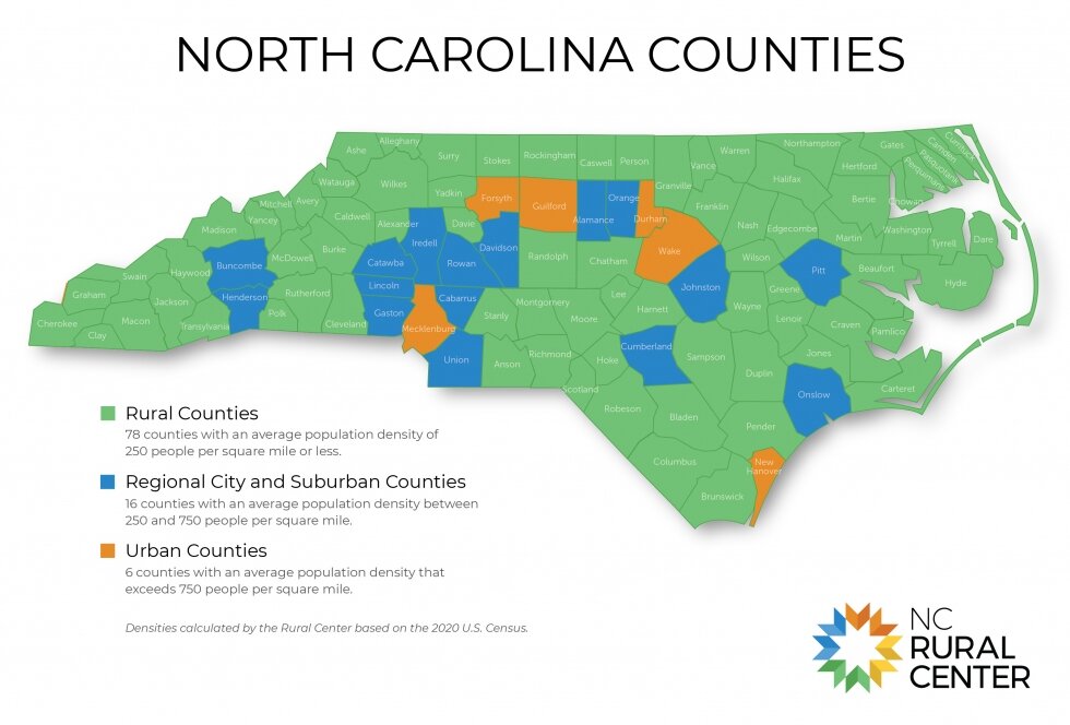 Map shows rural and urban counties in North Carolina.