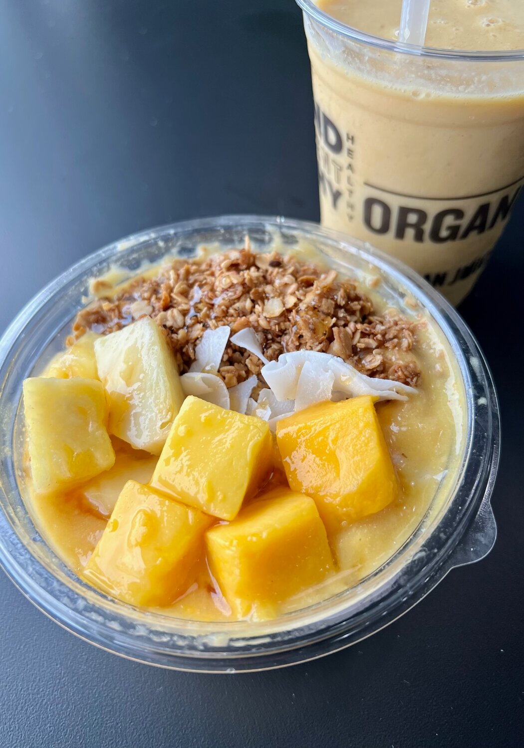 You’ll get a double dose of mango in the Be Happy Bowl and a creamy smoothie at Clean Juice.