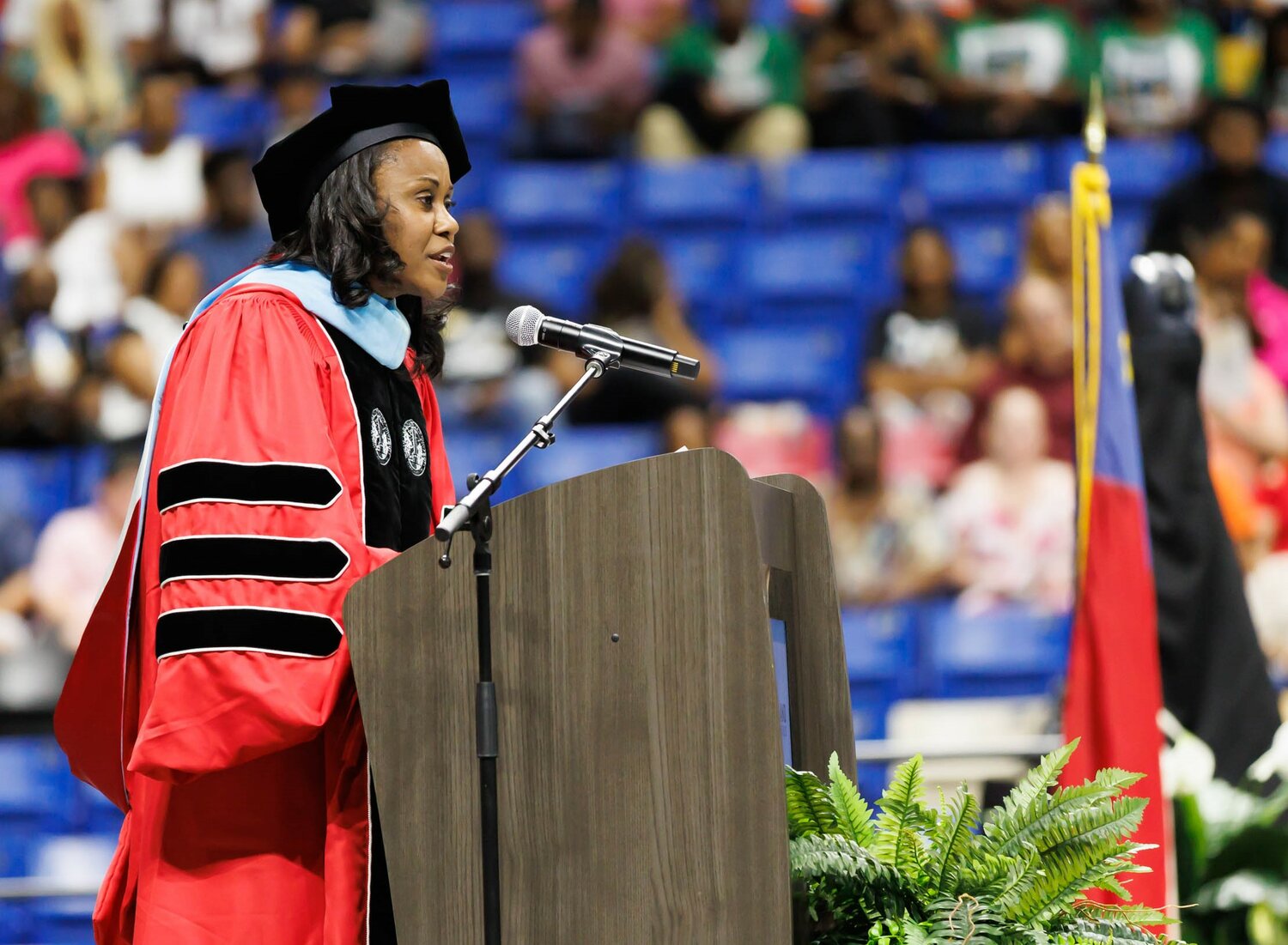 Pine Forest High School Principal Juele McDonald speaks at commencement Monday in the Crown Coliseum.