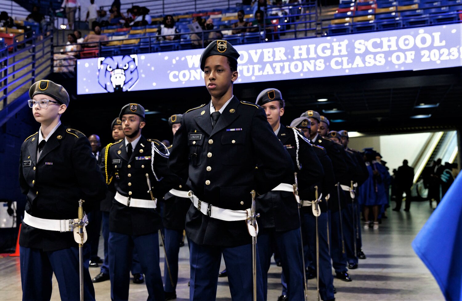 Cadets enter the Crown Coliseum for the Westover High School  2023 commencement Tuesday.