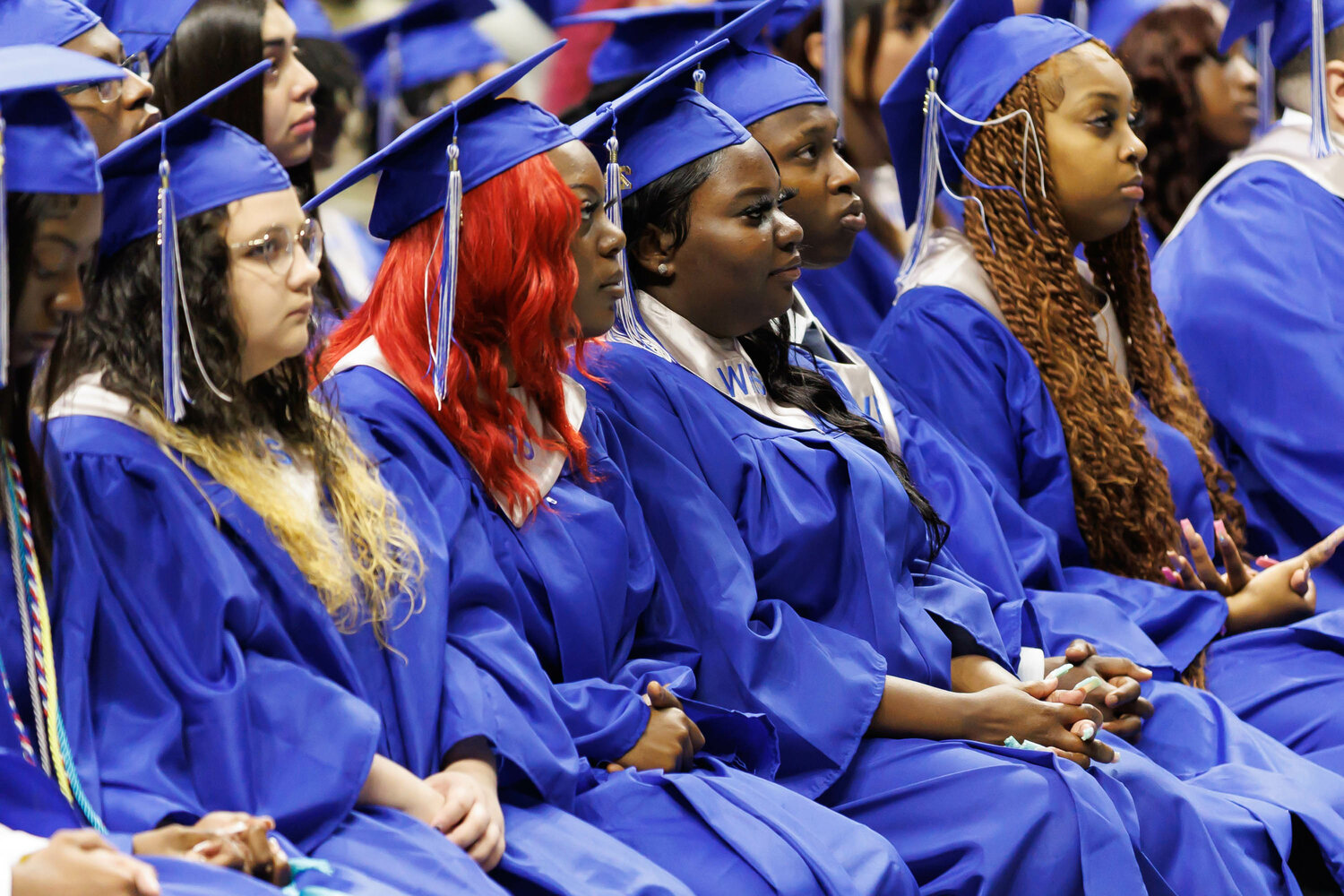 Graduates of Westover High School listen during commencement Tuesday at the Crown Coliseum.