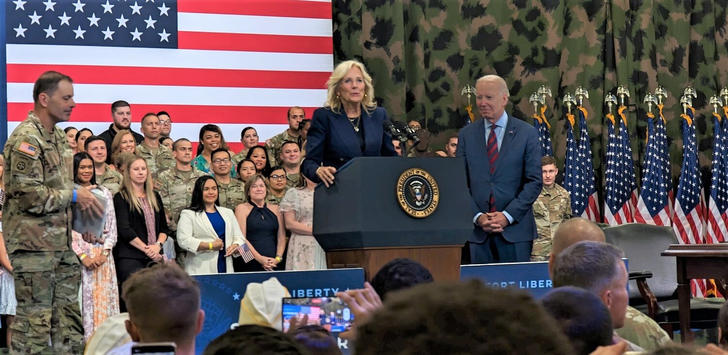First lady Jill Biden speaks Friday about the White House initiative Joining Forces, the mission of which is to provide support for military families. She and President Joe Biden visited Fort Liberty.