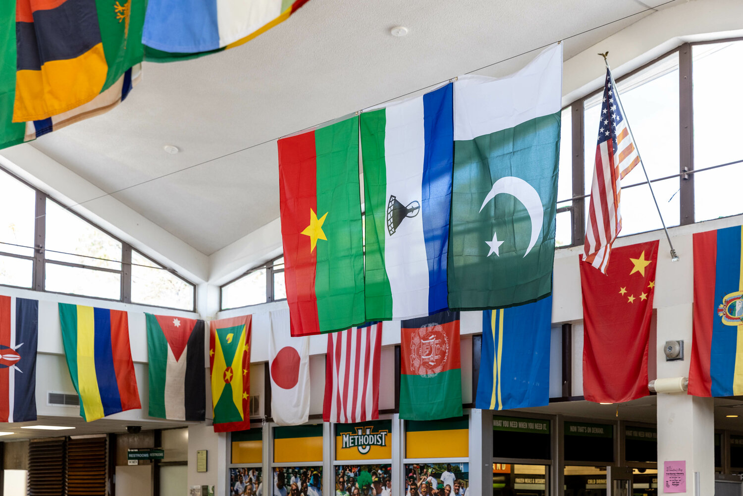 International flags at Methodist University.