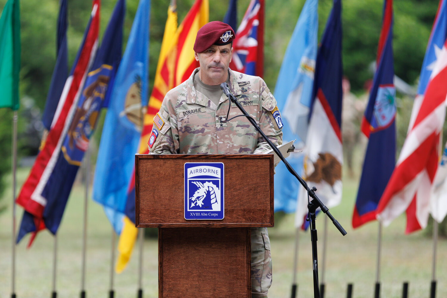 Lt. Gen. Christopher Donahue, commander of the 18th Airborne Corps, addresses the audience during the Fort Liberty redesignation ceremony.