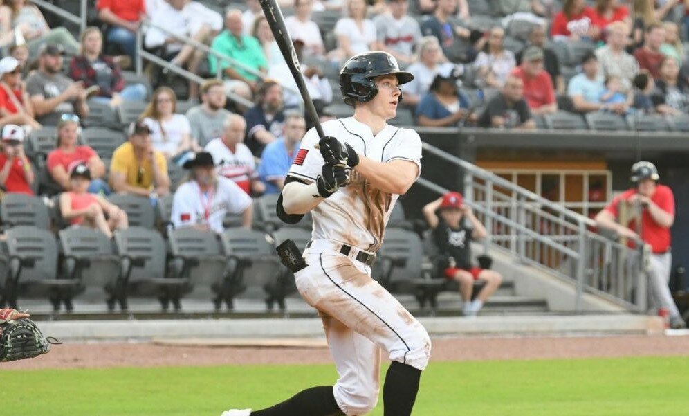 Fayetteville Woodpeckers outfielder Zach Cole hits a home run at Segra Stadium.