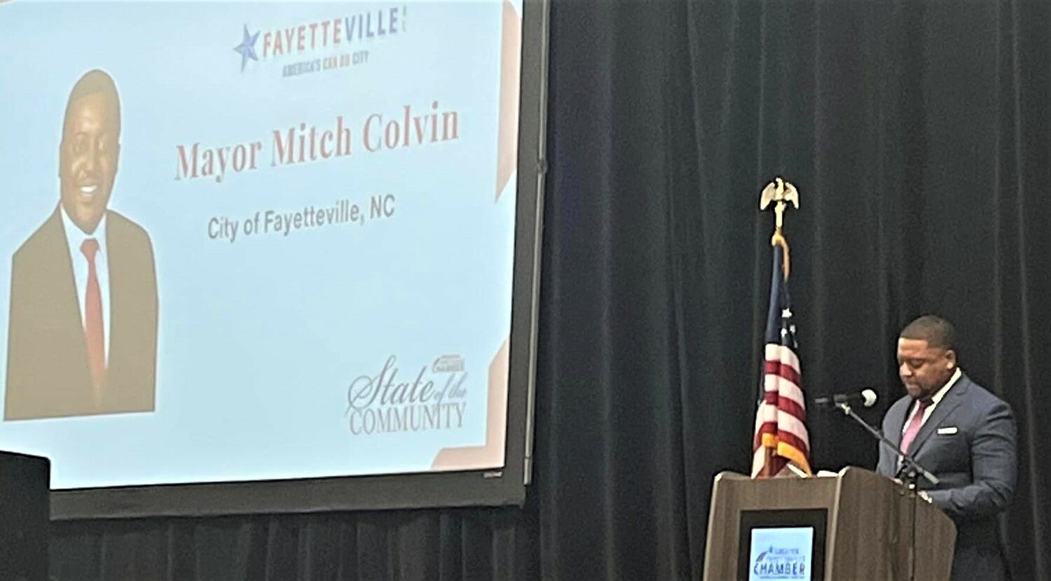 Fayetteville Mayor Mitch Colvin addresses the Greater Fayetteville Chamber of CommerceState of the Community luncheon on Thursday at the Crown Complex Expo Center. 