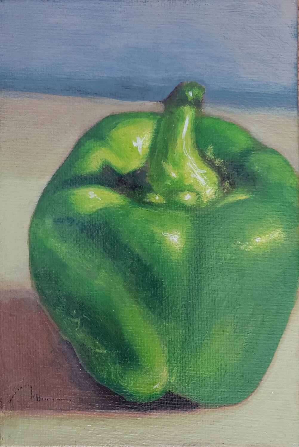 'Green Pepper' is a still-life painting by California artist Michele Rene.