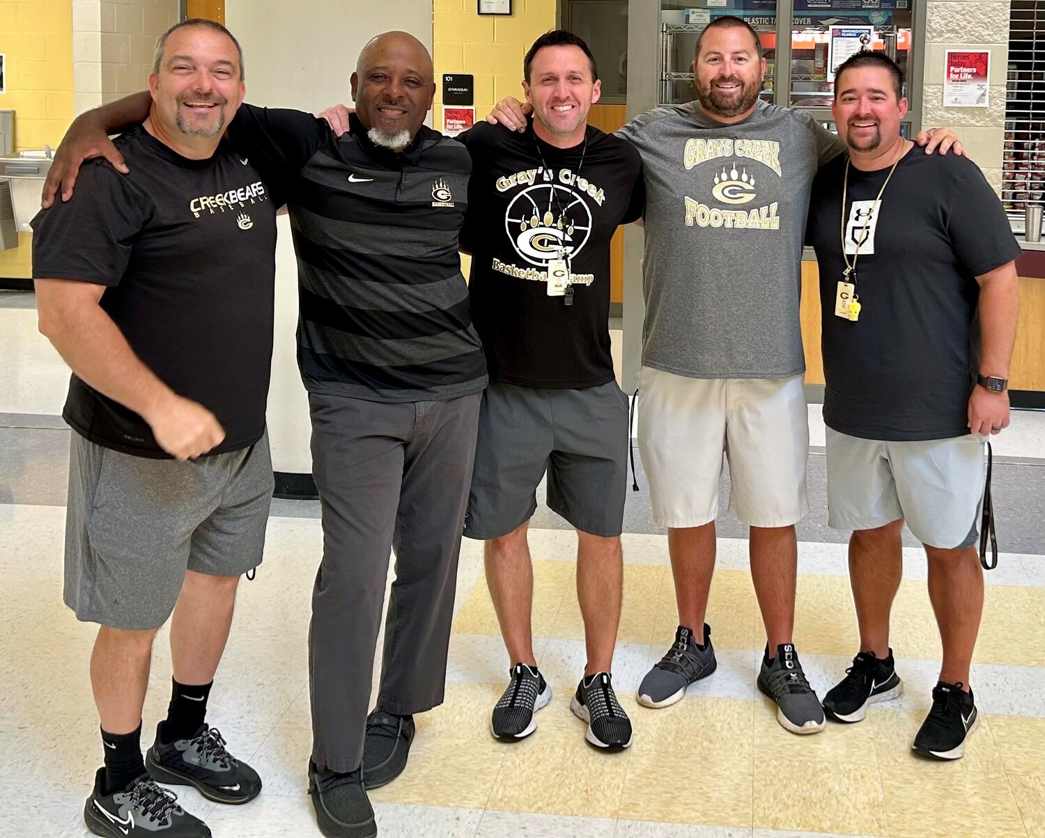 Gray’s Creek is one of only 106 schools in the state that had no coaches or athletes ejected from a game for misconduct last year. Coaches, from left, include Jeff Nance, baseball; Rick Rhoda, women’s basketball; Jonathan Grimes, men’s basketball; Jon Sherman, football; and Stuart Gilmer, softball.