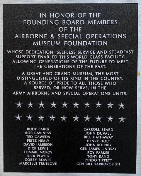 A plaque at the Airborne & Special Operations Museum recognizes founding board members, including Army Gen. James Lindsay.