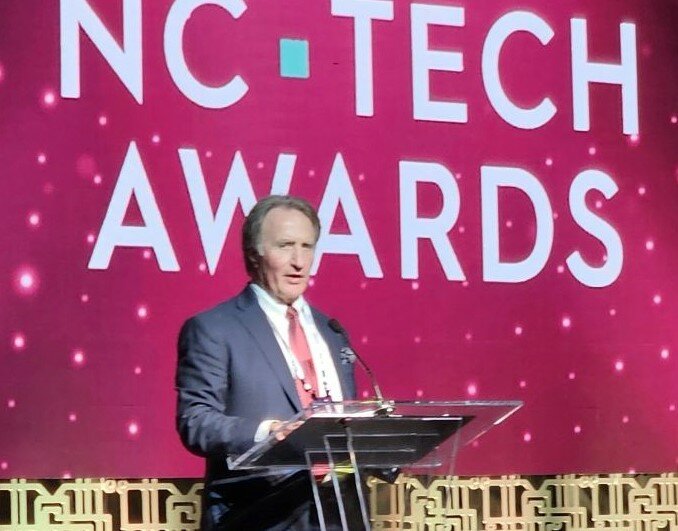 Fayetteville Technical Community College President Mark Sorrells accapts the Tech Difference Maker of the Year award at the N.C. Technology Association awards gala in Raleigh on Nov. 1.