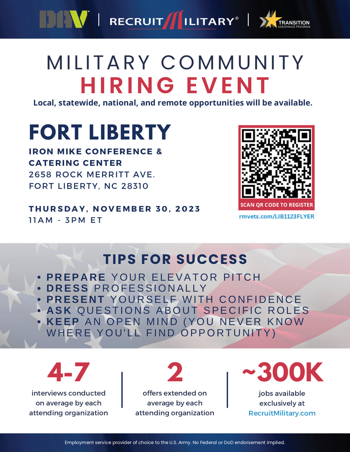 Recruit Military will host a Fort Liberty Military Community Hiring Event from 11 a.m. to 3 p.m. Thursday, Nov. 30, at the Iron Mike Conference Center.