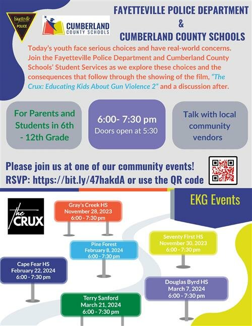 Cumberland County Schools and the Fayetteville Police Department are hosting a series of community events dedicated to raising awareness about gun violence prevention. The first event will be held Tuesday, Nov. 28 at Gray’s Creek High School.