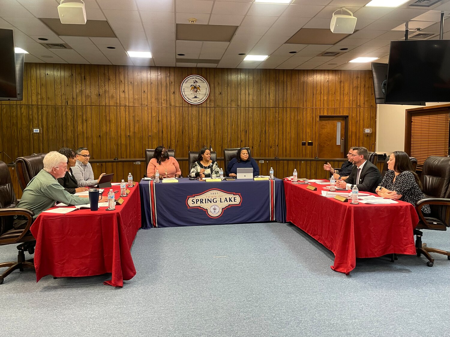 Members of the Spring Lake Board of Aldermen at Monday's work session. The board decided at the Nov. 27 meeting to move forward by consensus to extend terms of office to four years and change board titles to "commissioners."