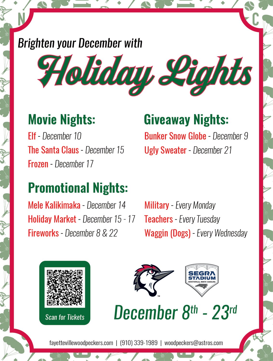 Fayetteville Woodpeckers' Segra Stadium’s Holiday Lights opening advertisement.
