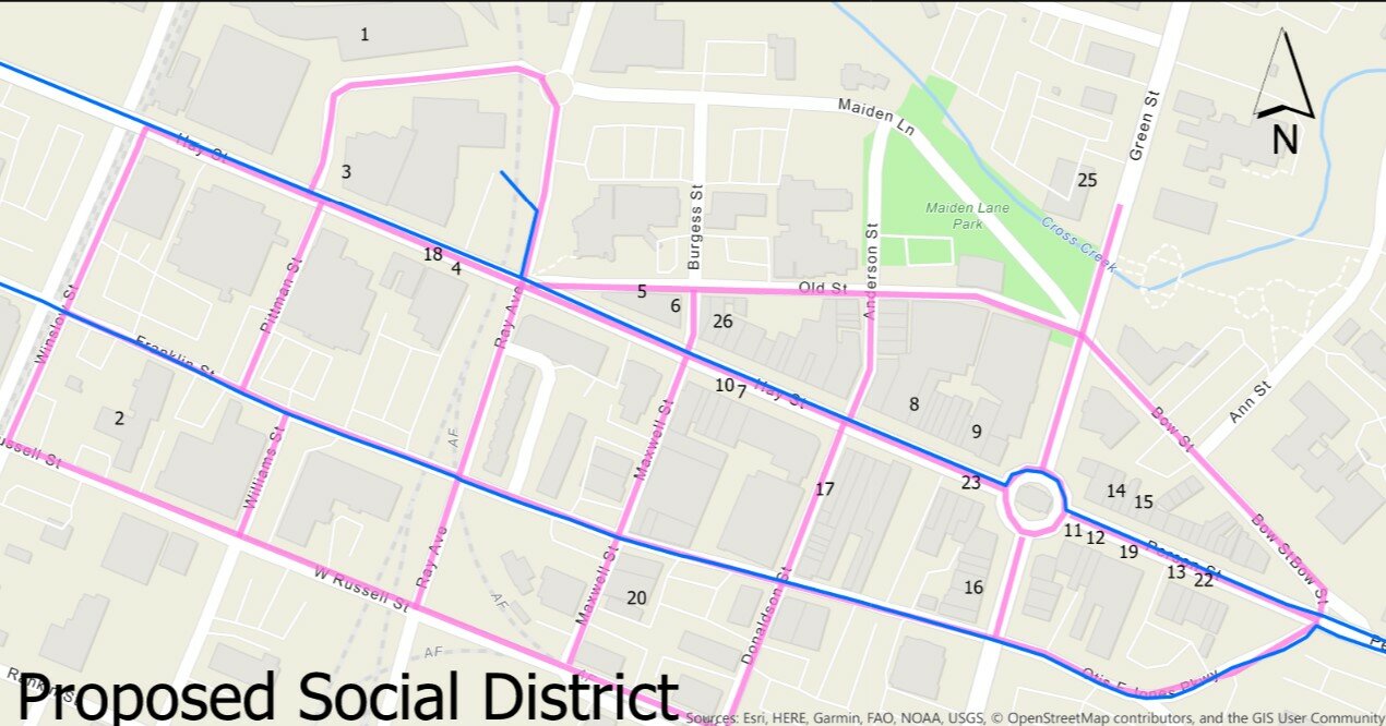 A map showing the proposed downtown social district.