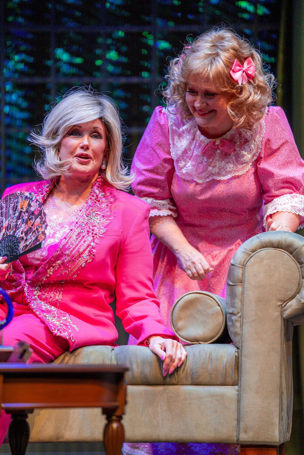 In the New Theatre and Restaurant’s production of “Always a Bridesmaid” last November Morgan Fairchild (left) starred as Monette Gentry, one of four women who honor a lifelong promise to be there for each other forever, no matter what. Her co-star, Lori Legacy (right)  shares this scene with her.