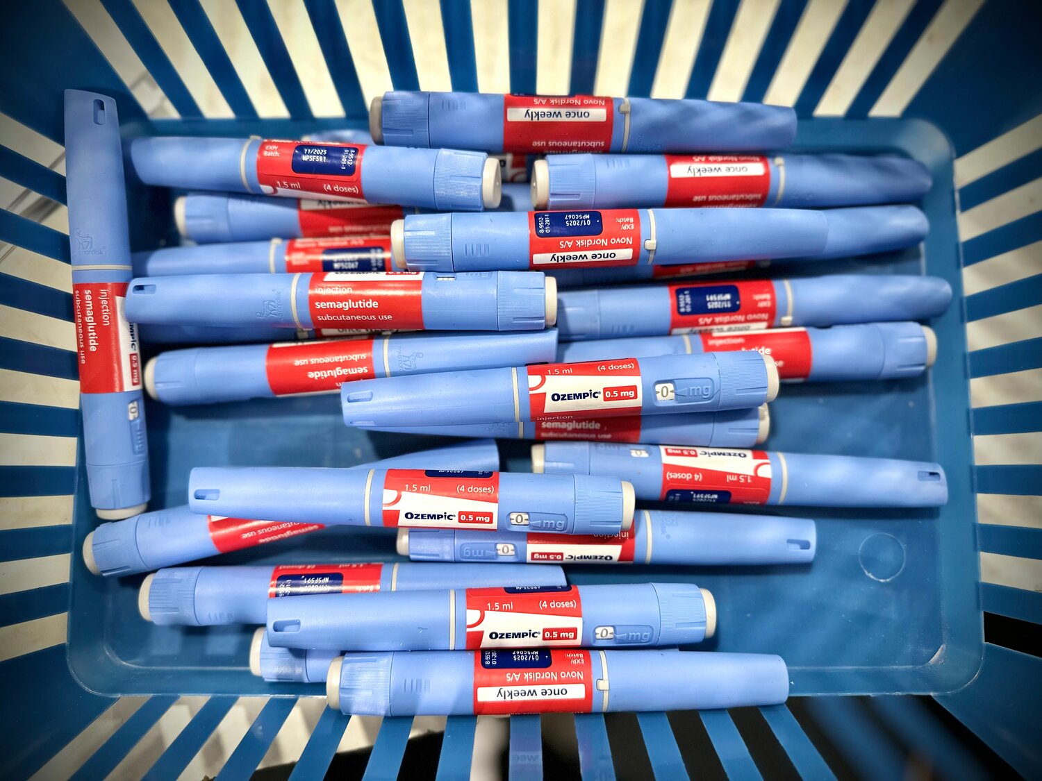 A basket of Ozempic pens on Aug. 2, 2023. Cumberland County is considering how to tackle the expensive cost of GLP-1 weight-loss drugs like Ozempic for employees on its health insurance.