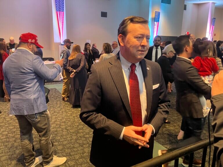 South Carolina GOP Chairman
Drew McKissick speaks with the press at former President Donald Trump’s election watch night party in Columbia, S.C. on Saturday, Feb. 24, 2024