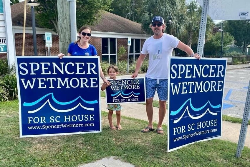 State Rep. Spencer Wetmore, D-Folly Beach, campaigns with her daughter, Lola Kate Wetmore, and husband, Burns Malone Wetmore, in 2020. Spencer Wetmore is proposing a law change that would allow candidates to use campaign funds to pay for childcare. (Provided/Spencer Wetmore)