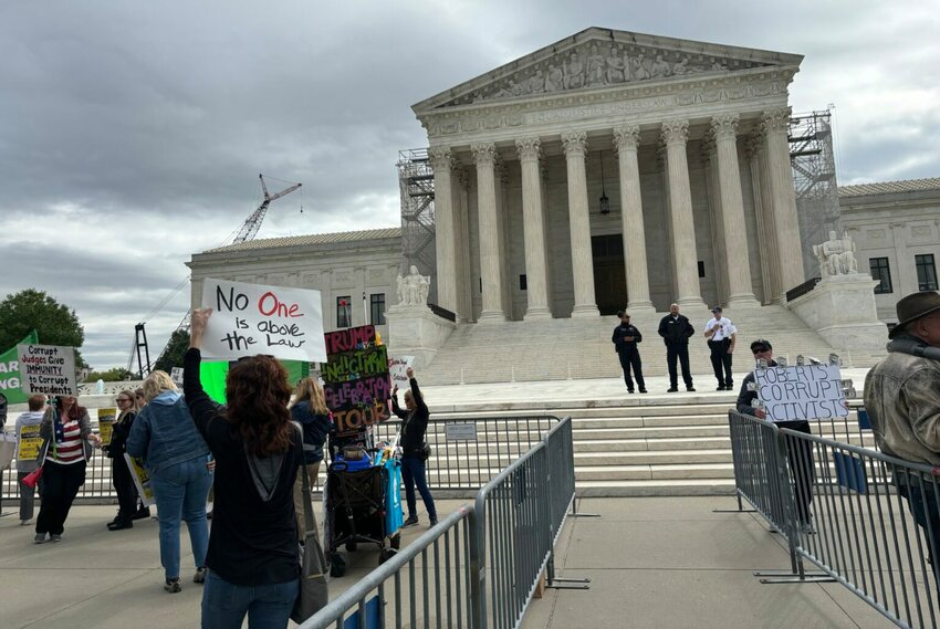 Dozens of anti-Trump protesters gathered outside the U.S. Supreme Court on April 25, 2024, while the justices heard arguments about whether former President Donald Trump has immunity from prosecution on criminal charges related to his actions while in office.