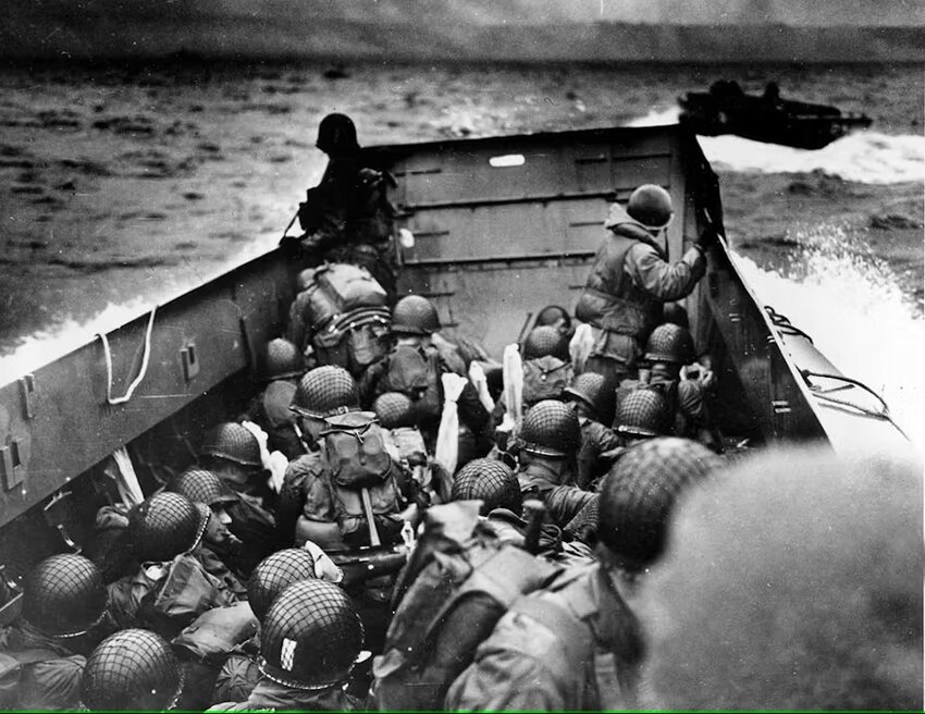 Members of E Company of the 16th Infantry Regiment approach the Normandy beaches in the first wave of the D-Day invasion. (National Park Service)