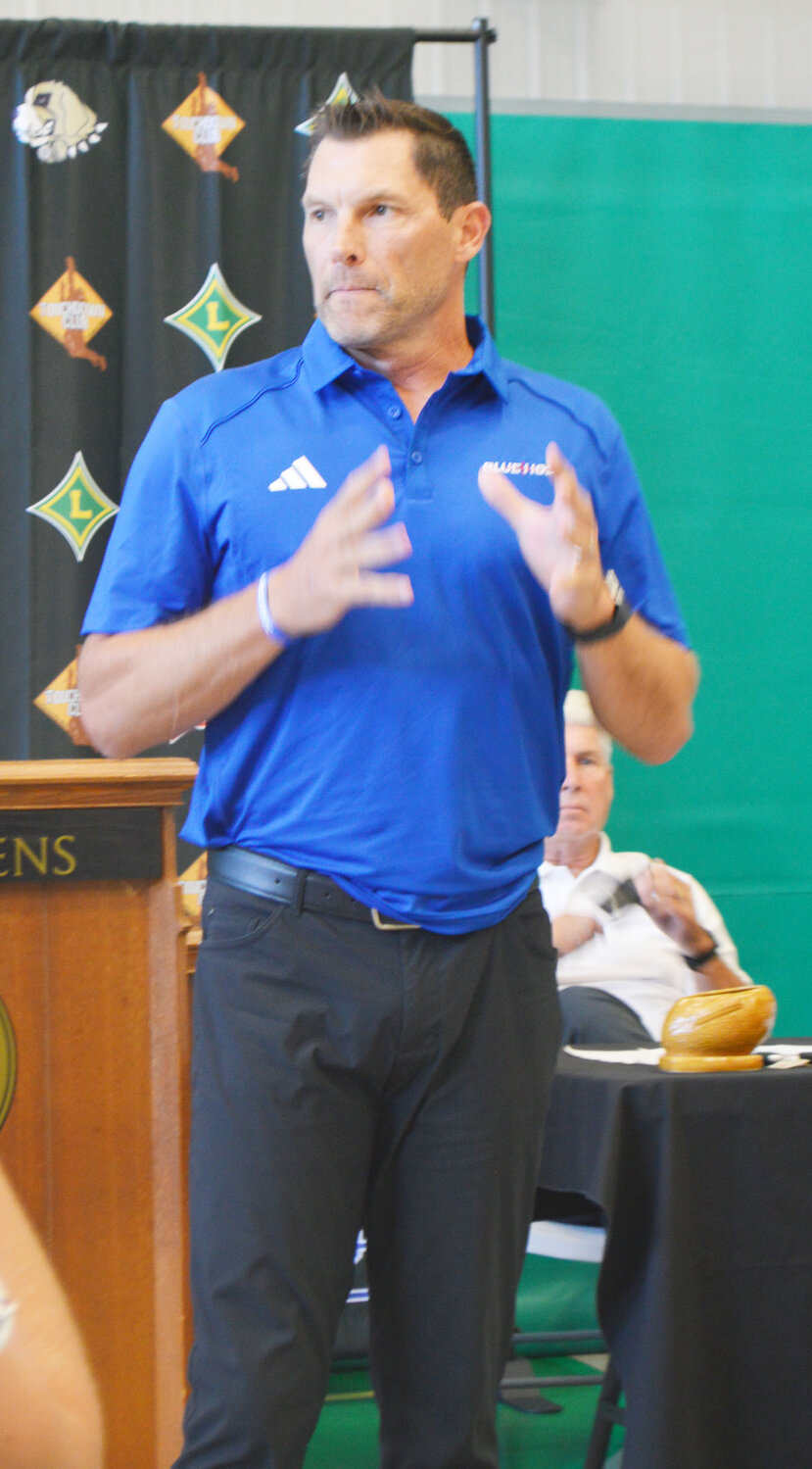 Steve Englehart, PC Football head coach, speaks at Thursday's Laurens County Touchdown Club lunch.