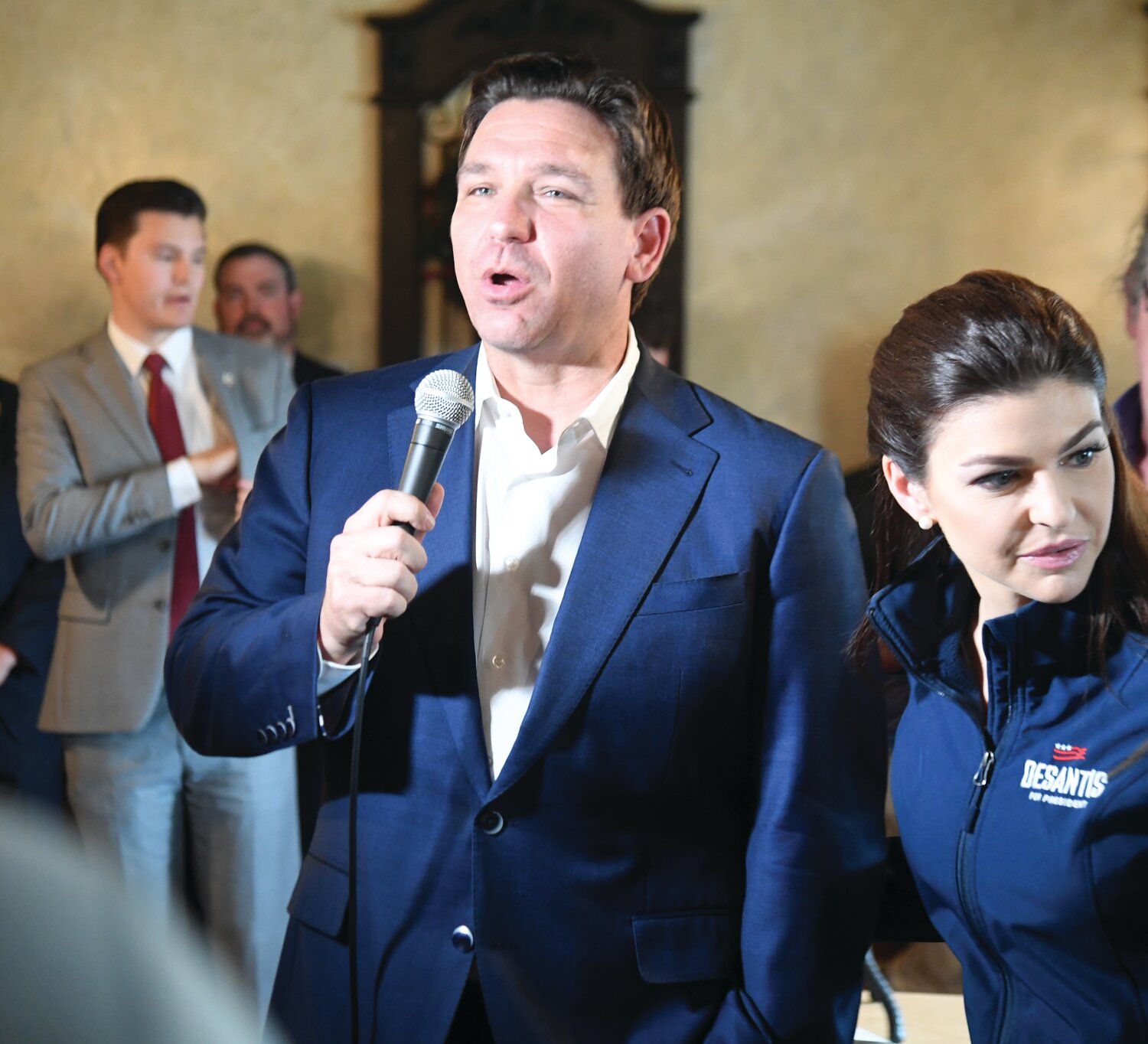 Republican Presidential candidate and Florida Governor Ron DeSantis attends a campaign rally at Dempsey's Pizza in Clinton.