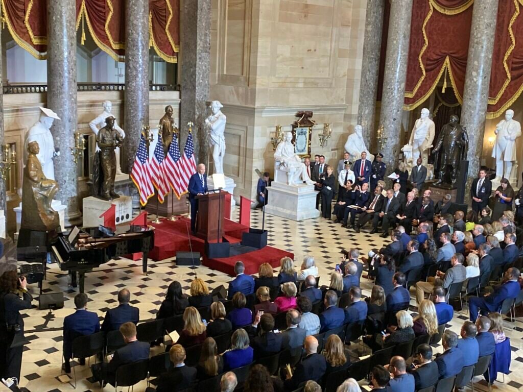 President Joe Biden speaks at the National Prayer Breakfast in the U.S. Capitol’s Statuary Hall on Thursday, Feb. 1, 2024.