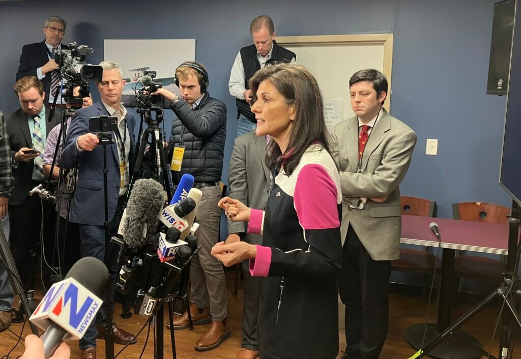 Former SC Gov. Nikki Haley takes questions from reporters at Doc’s BBQ in Columbia on Thursday, Feb. 1, 2024.