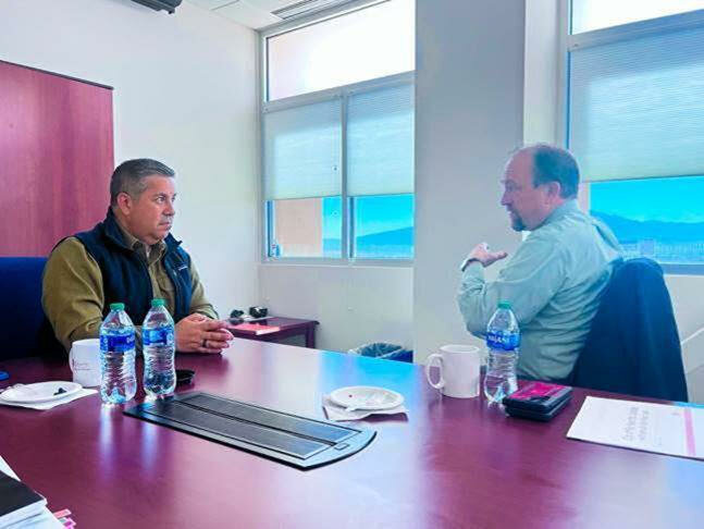 U.S. Sen. Ben Ray Lujan, left, speaks with Rio Rancho Mayor Gregg Hull during a visit to Sandoval County last week. (U.S. Sen. Ben Ray Lujan's Office)