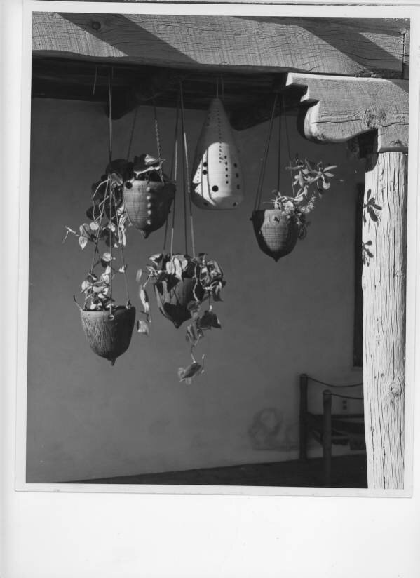 Hanging pots made by Betty Colbert (Frank Lloyd Wright ordered some of her hanging pots for a house he was designing). 1970s. Photograph donated by Betty Colbert of Corrales, NM.