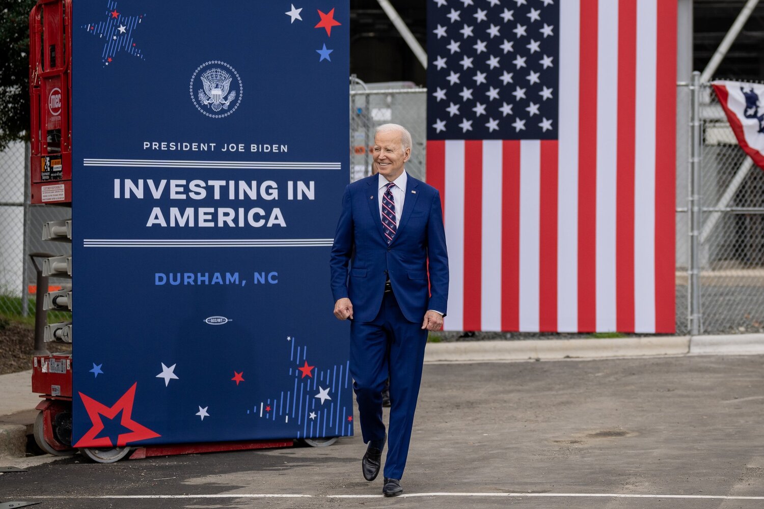 President Joe Biden arrives to deliver remarks for the kickoff of his âInvesting in Americaâ tour, Tuesday, March 28, 2023, at the Wolfspeed semiconductor manufacturing facility in Durham, North Carolina. (Official White House Photo by Adam Schultz)