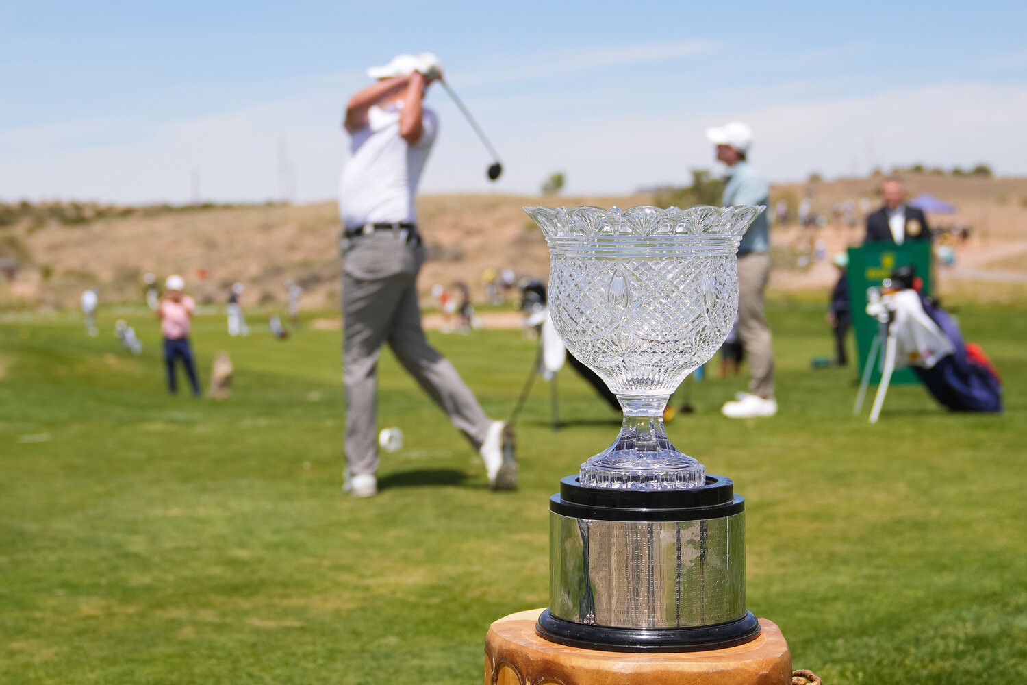 SANTA ANA PUEBLO, NM - APRIL 30: The Walter Hagen Cup on display on the first hole during the first round of the 55th PGA Professional Championship at Twin Warriors Golf Club on Sunday, April 30, 2023 in Santa Ana Pueblo, New Mexico. (Photo by Darren Carroll/PGA of America)
