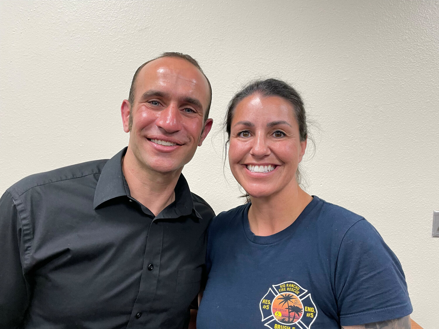 Michael Lengendre, the new Bernalillo fire chief, poses for a picture with his wife Maria, also a career firefighter.
