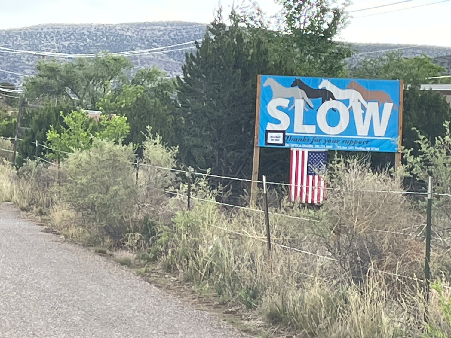 A sign along NM 165 in Placitas urges people to slow down. Andoval County is considering an ordinance to ban the feeding of wild horses after three horses have been struck by vehicles and killed in the last two years. (T.S. Last/Sandoval Signpost)