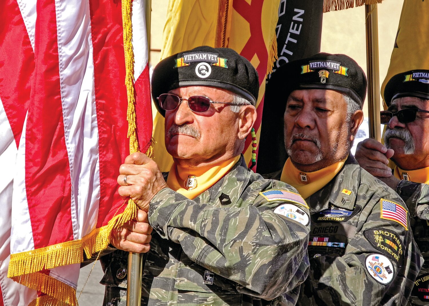 The Veteran's Administration chose Bernalillo County as the site for a national cemetery, though it looked for a whole Sandoval County had the inside track. Members of a Vietnam Veterans of America Northern New Mexico Chapter color guard participated in Memorial Day ceremonies at the Sandoval County Vietnam Veterans Memorial in Bernalillo in 2014. (Bill Diven/Sandoval Signpost)
