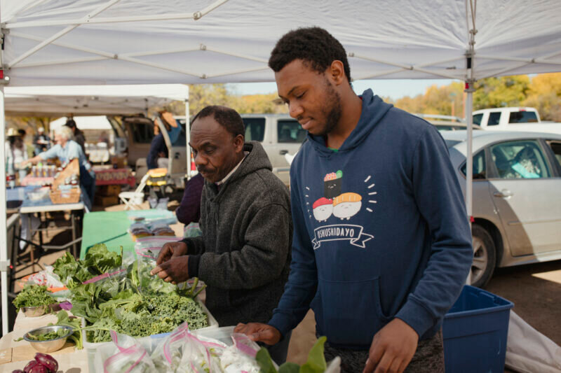 Andy Emeanuwa and his son Stephen Emeanuwa of EMS Farms package greens at the farmers’ market in Corrales, NM on November 6, 2022. (Adria Malcolm for New Mexico In Depth)