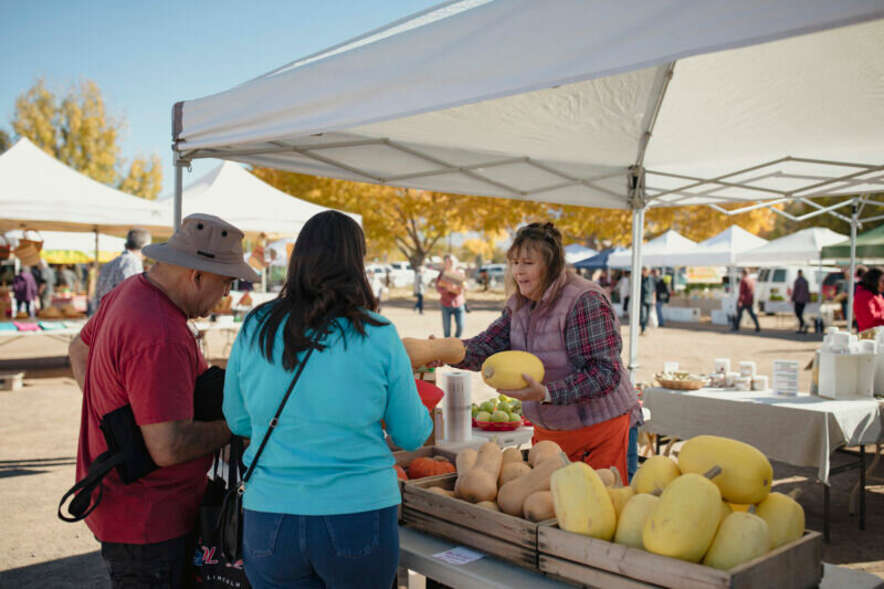 Jane Sallee of Bar Star Family Gardens assists customers at the farmers’ market in Corrales, NM on November 6, 2022. (Adria Malcolm for New Mexico In Depth)