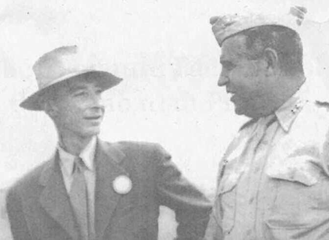 J. Robert Oppenheimer and General Leslie Groves at the Trinity site, September 1945.