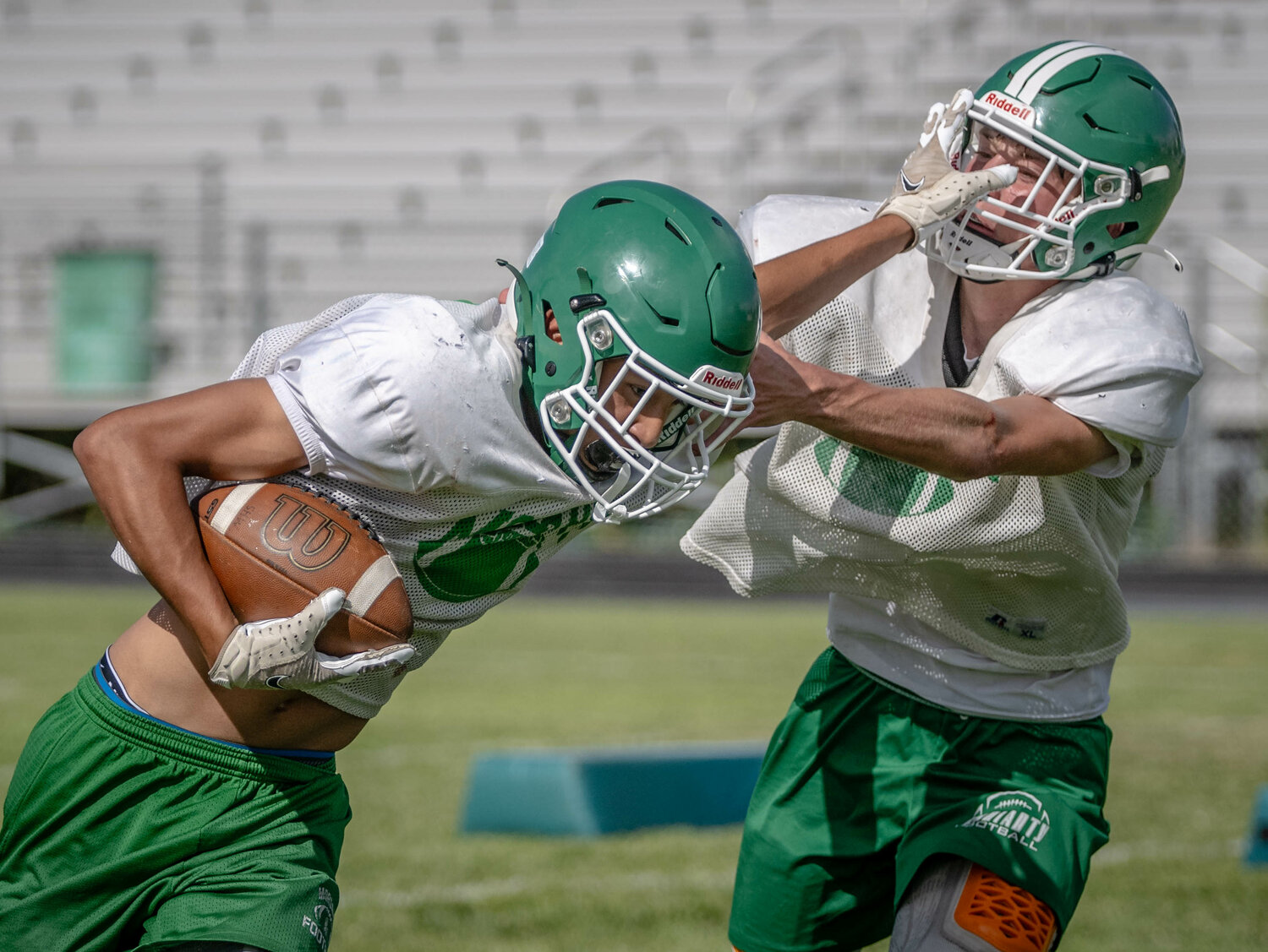 Moriarty’s Isaiah Quintana, left, looking to go around a defender during practice.